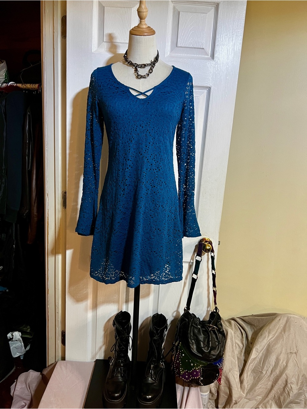 New Hollister Teal Lace Floral Fit&Flare Bell Sleeve Skater Boho Mini Dress M